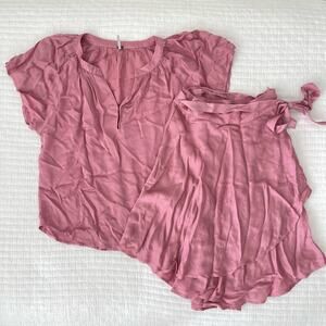 New Young Fabulous & Broke Satin Ballet Wrap Mini Skirt and Blouse Set in Pink S